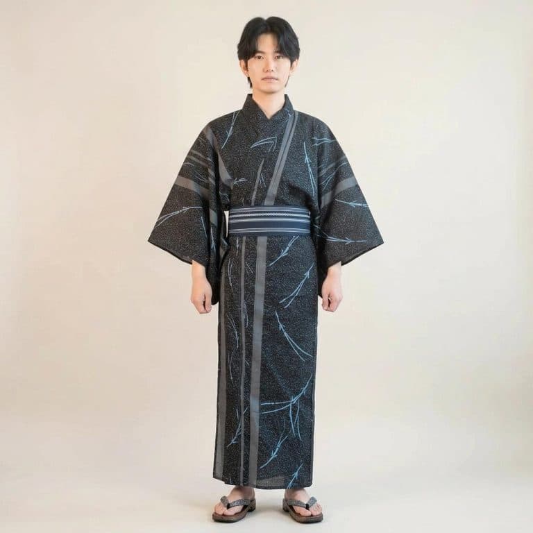 Yukata en Coton Noir a Motifs de Feuilles de Bambou