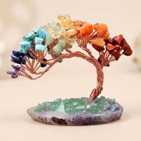 Arbre de vie des 7 chakras en pierres naturelles sur base d'agate