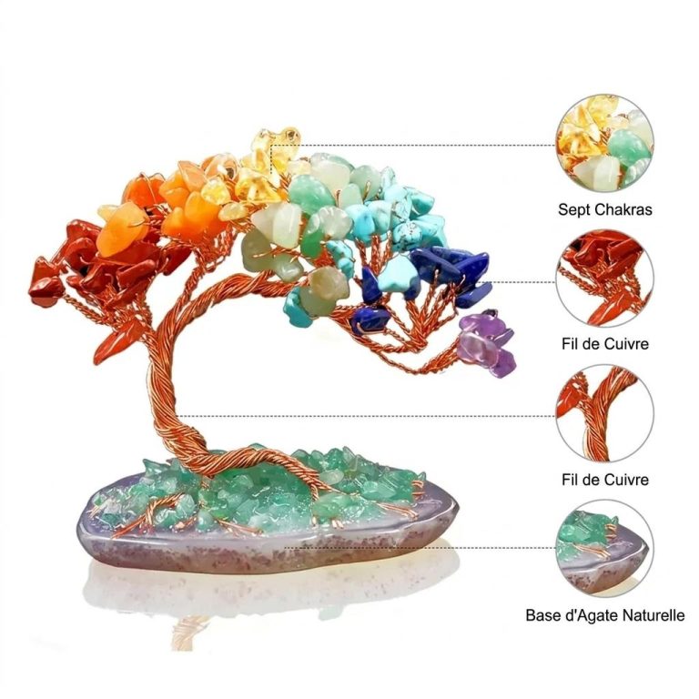 Arbre de vie des 7 chakras en pierres naturelles sur base d'agate