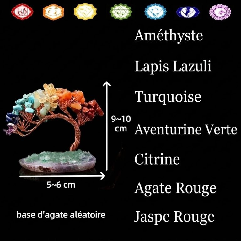 Arbre de vie des 7 chakras en pierres naturelles sur base d'agate