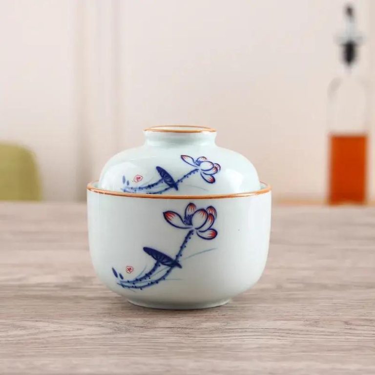 Bol à soupe miso avec couvercle en céramique à motifs japonais - Lotus Stylisés