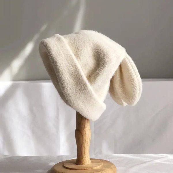 Bonnet coréen à oreilles de lapin en maille douce - Blanc