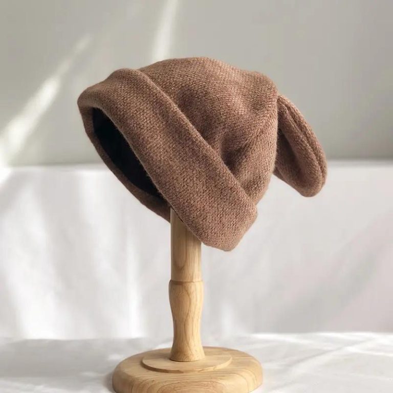 Bonnet coréen à oreilles de lapin en maille douce - Marron