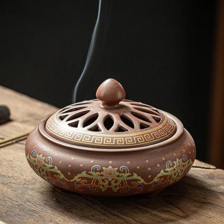 Brûleur d'encens en céramique ajouré avec motifs de pétales - Marron Motifs Floraux