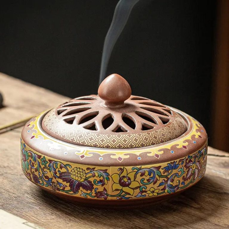 Brûleur d'encens en céramique ajouré avec motifs de pétales - Jaune Fleurs Multicolores
