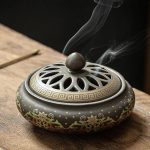 Brûleur d'encens en céramique ajouré avec motifs de pétales - Gris Fleurs Vertes et Points