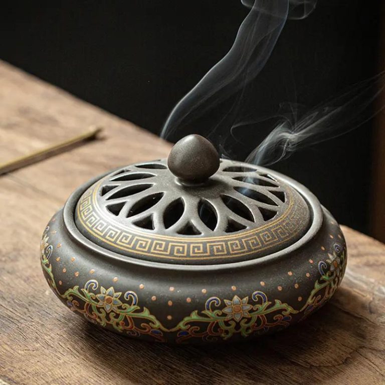 Brûleur d'encens en céramique ajouré avec motifs de pétales - Gris Fleurs Vertes et Points