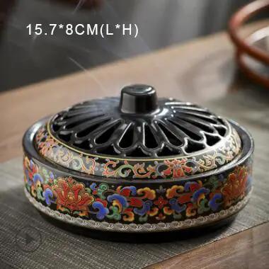 Brûleur d'encens en céramique émaillée à motifs floraux - Noir