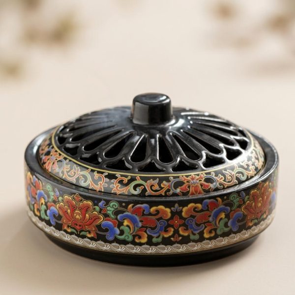 Brûleur d'encens en céramique émaillée à motifs floraux