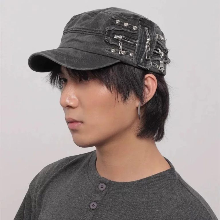 Casquette militaire vintage coréen avec rivets et fermetures éclair