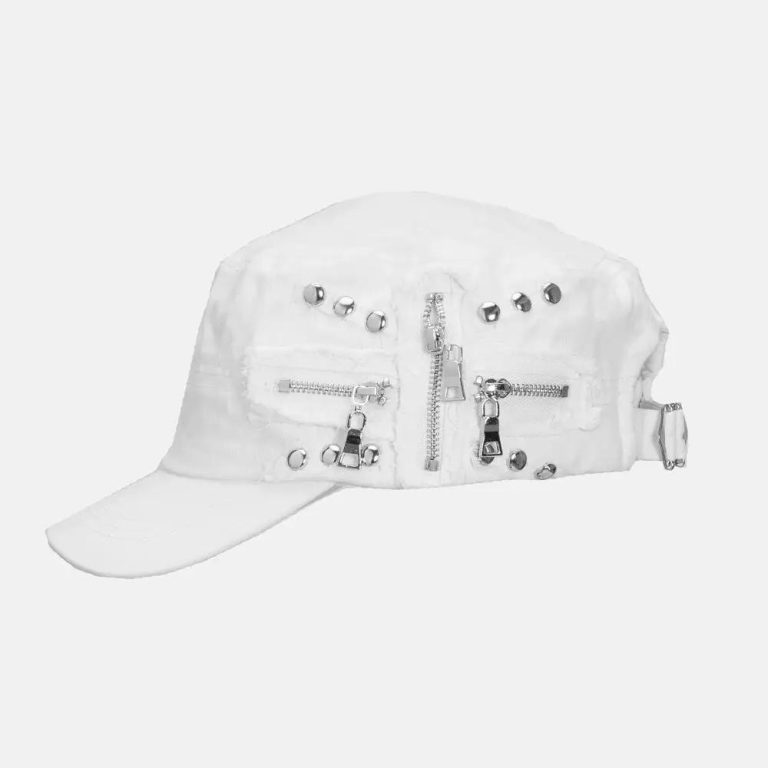 Casquette militaire vintage coréen avec rivets et fermetures éclair - Blanc