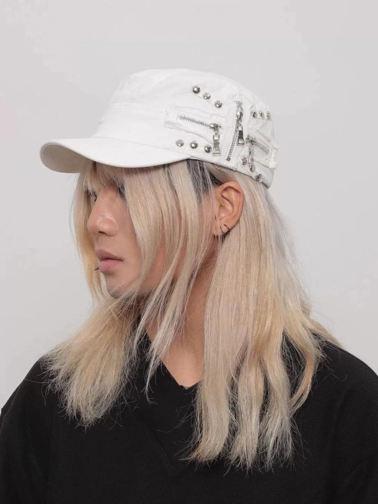 Casquette militaire vintage coréen avec rivets et fermetures éclair