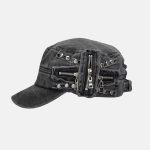 Casquette militaire vintage coréen avec rivets et fermetures éclair - Noir