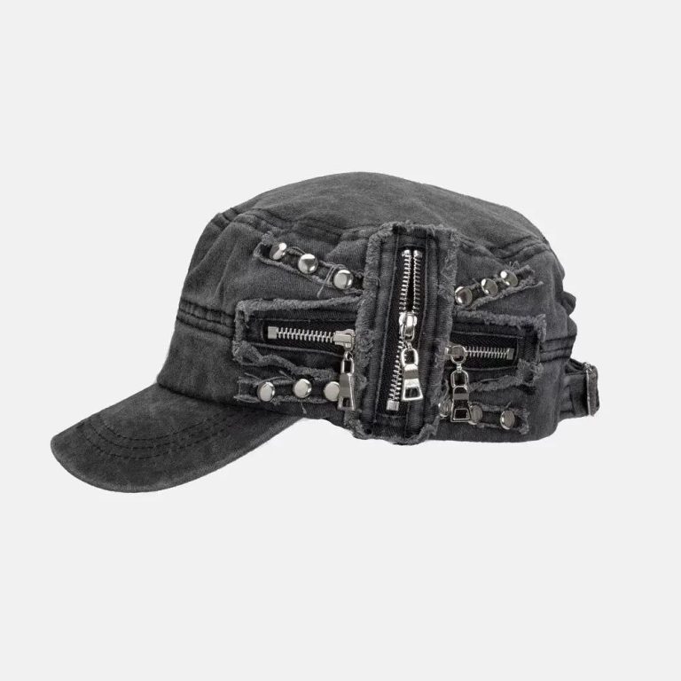 Casquette militaire vintage coréen avec rivets et fermetures éclair - Noir