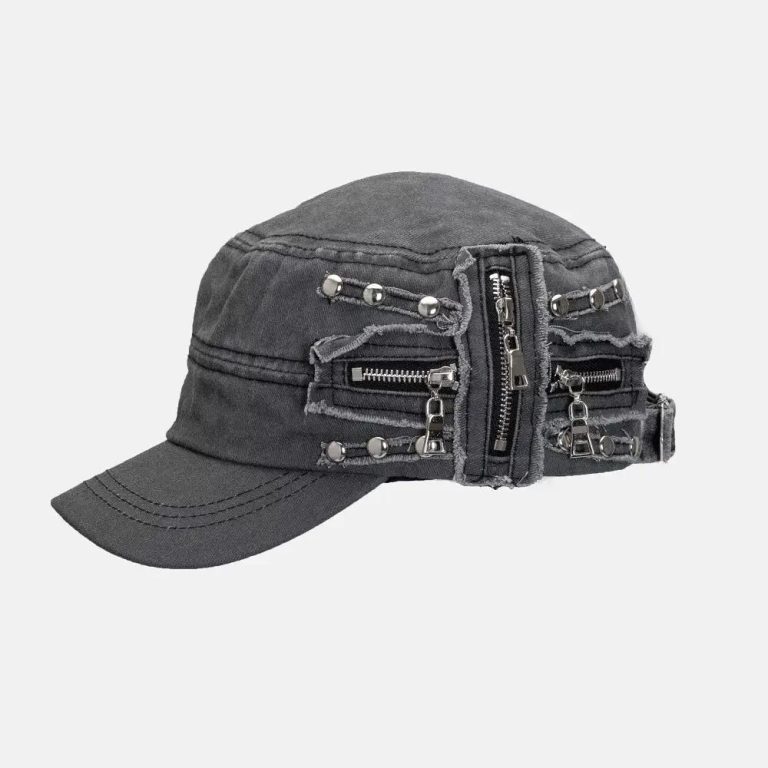 Casquette militaire vintage coréen avec rivets et fermetures éclair