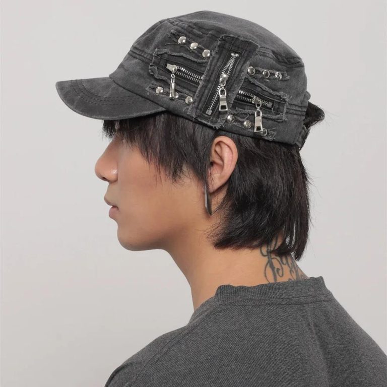 Casquette militaire vintage coréen avec rivets et fermetures éclair