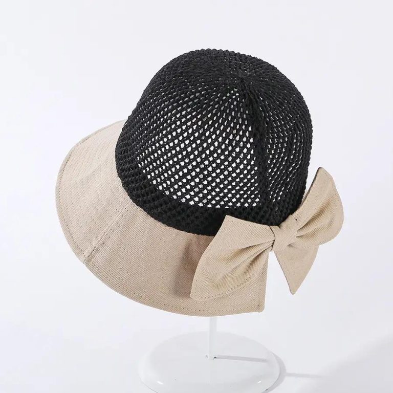 Chapeau bob femme à bord large avec calotte en maille et nœud élégant - Beige