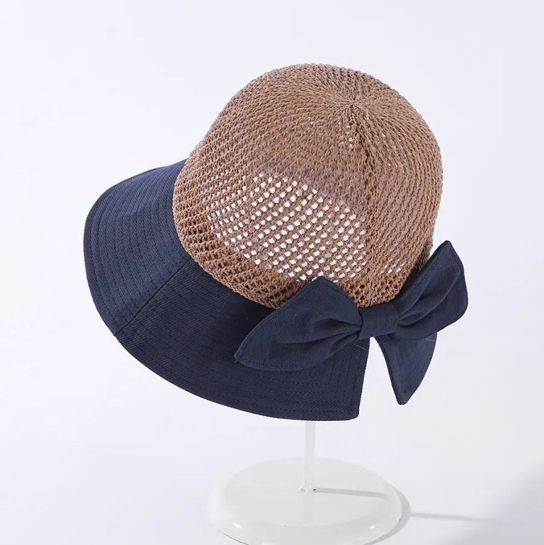 Chapeau bob femme à bord large avec calotte en maille et nœud élégant - Bleu Marine