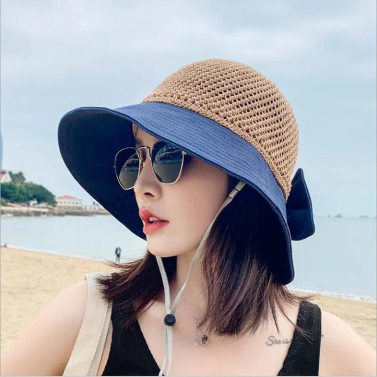 Chapeau bob femme à bord large avec calotte en maille et nœud élégant