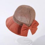 Chapeau bob femme à bord large avec calotte en maille et nœud élégant - Rouge Brique