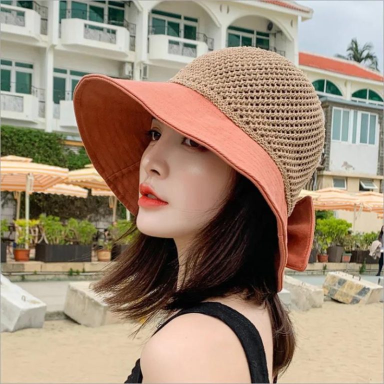 Chapeau bob femme à bord large avec calotte en maille et nœud élégant