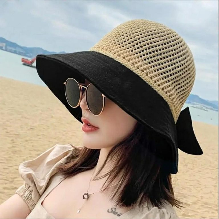 Chapeau bob femme à bord large avec calotte en maille et nœud élégant