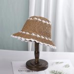 Chapeau de paille ajouré coréen femme à bord large ondulé - Beige et Blanc