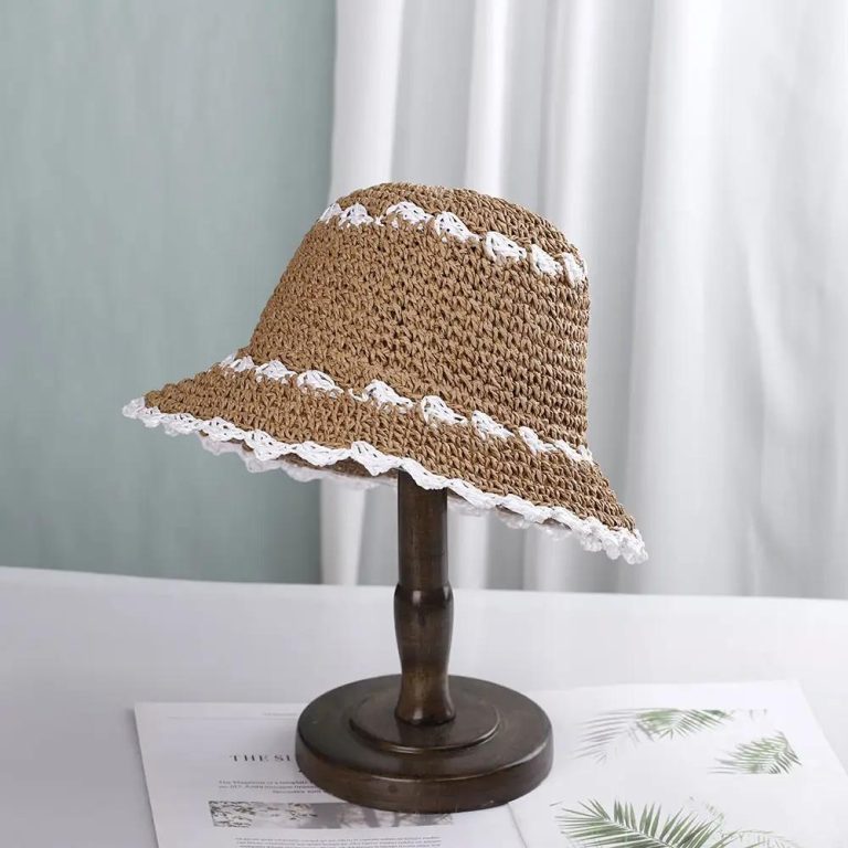 Chapeau de paille ajouré coréen femme à bord large ondulé - Beige et Blanc