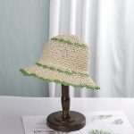 Chapeau de paille ajouré coréen femme à bord large ondulé - Blanc et Vert