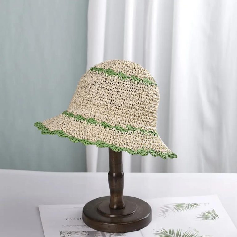Chapeau de paille ajouré coréen femme à bord large ondulé - Blanc et Vert