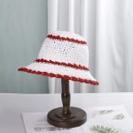 Chapeau de paille ajouré coréen femme à bord large ondulé - Blanc et Rouge
