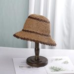 Chapeau de paille ajouré coréen femme à bord large ondulé - Beige et Marron