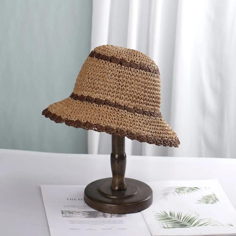 Chapeau de paille ajouré coréen femme à bord large ondulé - Beige et Marron