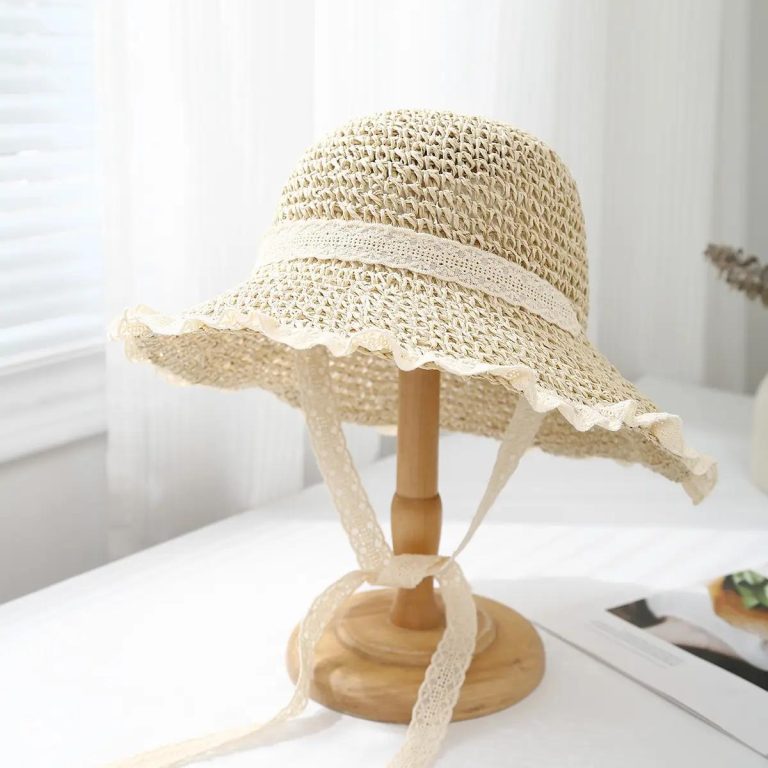 Chapeau de paille femme coréen à large bord avec finitions en dentelle - Beige