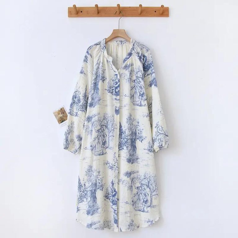Chemise de nuit femme coréenne à imprimé pastoral - Bleue, L