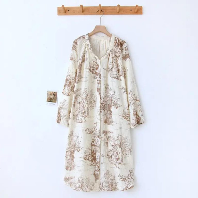 Chemise de nuit femme coréenne à imprimé pastoral - Beige, L