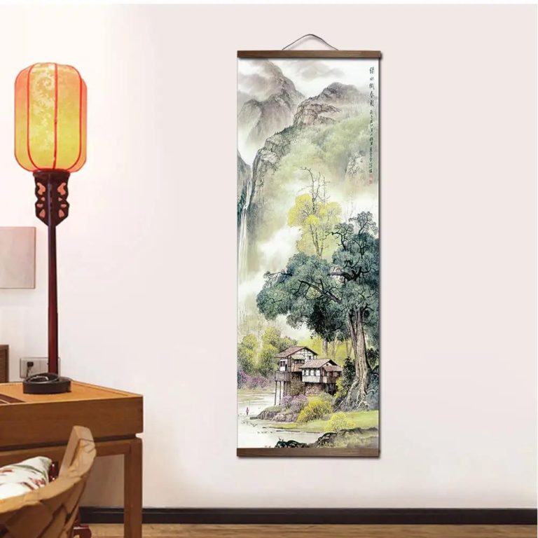 Kakemono de paysage asiatique à L'encre sur toile - 40x110 cm, Village et Arbre au Bord de l'Eau