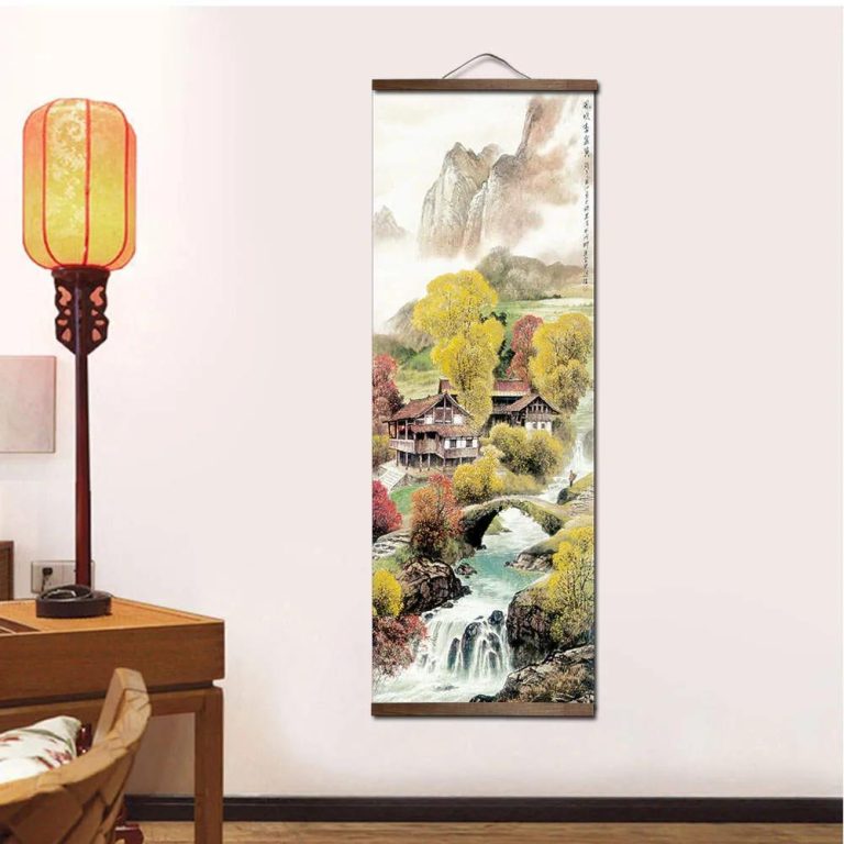 Kakemono de paysage asiatique à L'encre sur toile