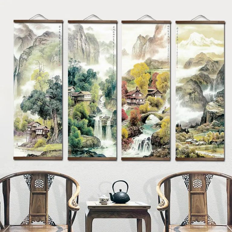 Kakemono de paysage asiatique à L'encre sur toile