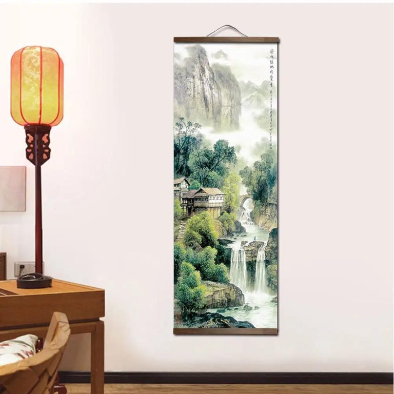 Kakemono de paysage asiatique à L'encre sur toile - 40x110 cm, Maisons et Cascade