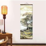 Kakemono de paysage asiatique à L'encre sur toile - 40x110 cm, Village Automnal sur Rivière