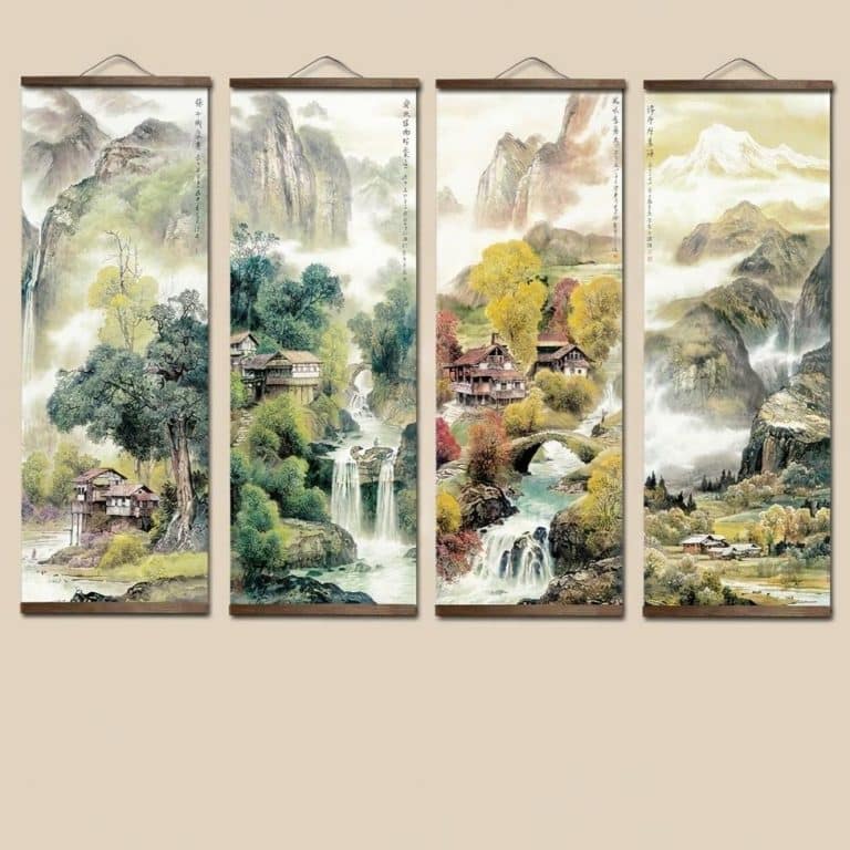 Kakemono de paysage asiatique à L'encre sur toile