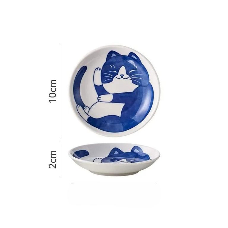 Petite assiette en céramique japonaise à motifs de chats - Chat Foncé
