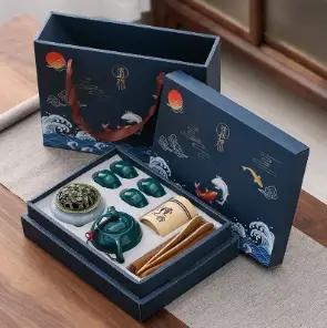 Service à thé japonais en céramique pour 4 personnes avec accessoires - Vert Émeraude avec Théière Ovoïde