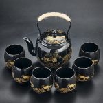 Service à thé en céramique japonais avec théière avec filtre inox et 6 tasses - Noir, Paysage Doré et Pointillé
