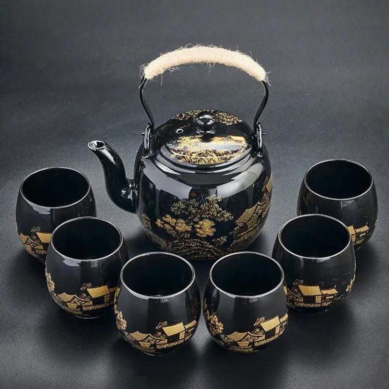 Service à thé en céramique japonais avec théière avec filtre inox et 6 tasses - Noir, Paysage Doré et Pointillé