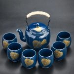 Service à thé en céramique japonais avec théière avec filtre inox et 6 tasses - Bleu, Feuilles Dorées