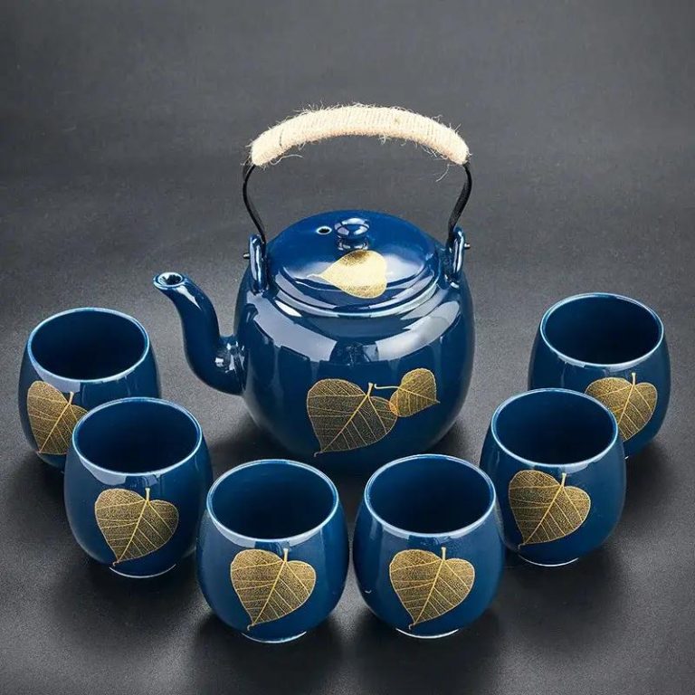 Service à thé en céramique japonais avec théière avec filtre inox et 6 tasses - Bleu, Feuilles Dorées