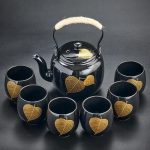 Service à thé en céramique japonais avec théière avec filtre inox et 6 tasses - Noir, Feuilles Dorées