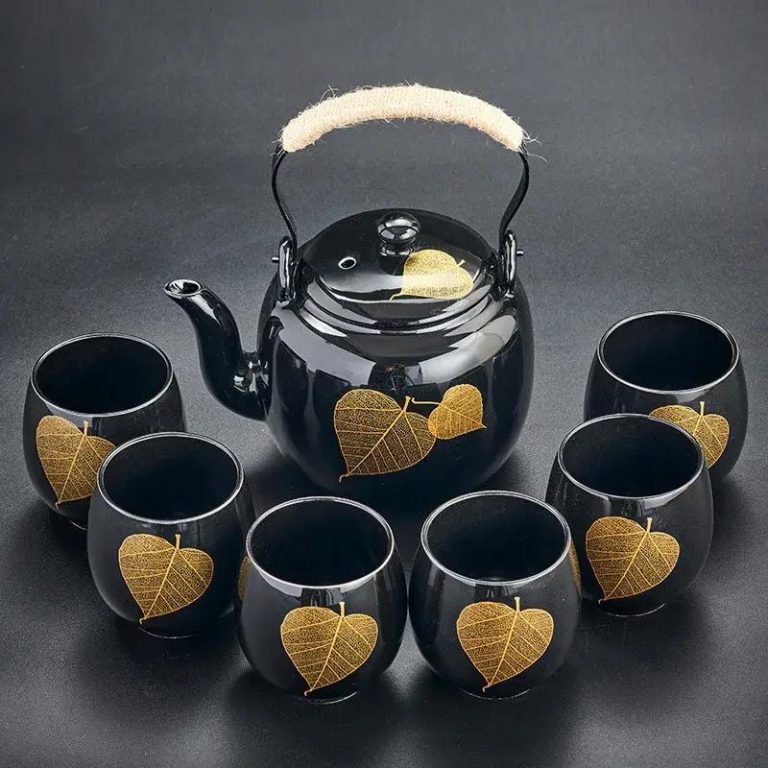 Service à thé en céramique japonais avec théière avec filtre inox et 6 tasses - Noir, Feuilles Dorées